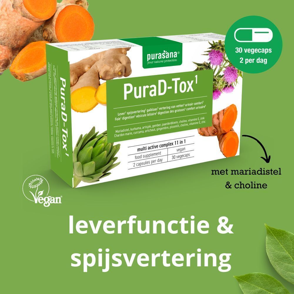 Purasana PuraD-Tox doos met artisjok, kurkuma en gember. Tekst: leverfunctie & spijsvertering. 30 vegecaps.