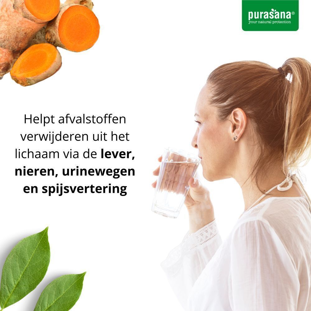 Vrouw drinkt water. Tekst: Helpt afvalstoffen verwijderen via de lever, nieren, urinewegen en spijsvertering.