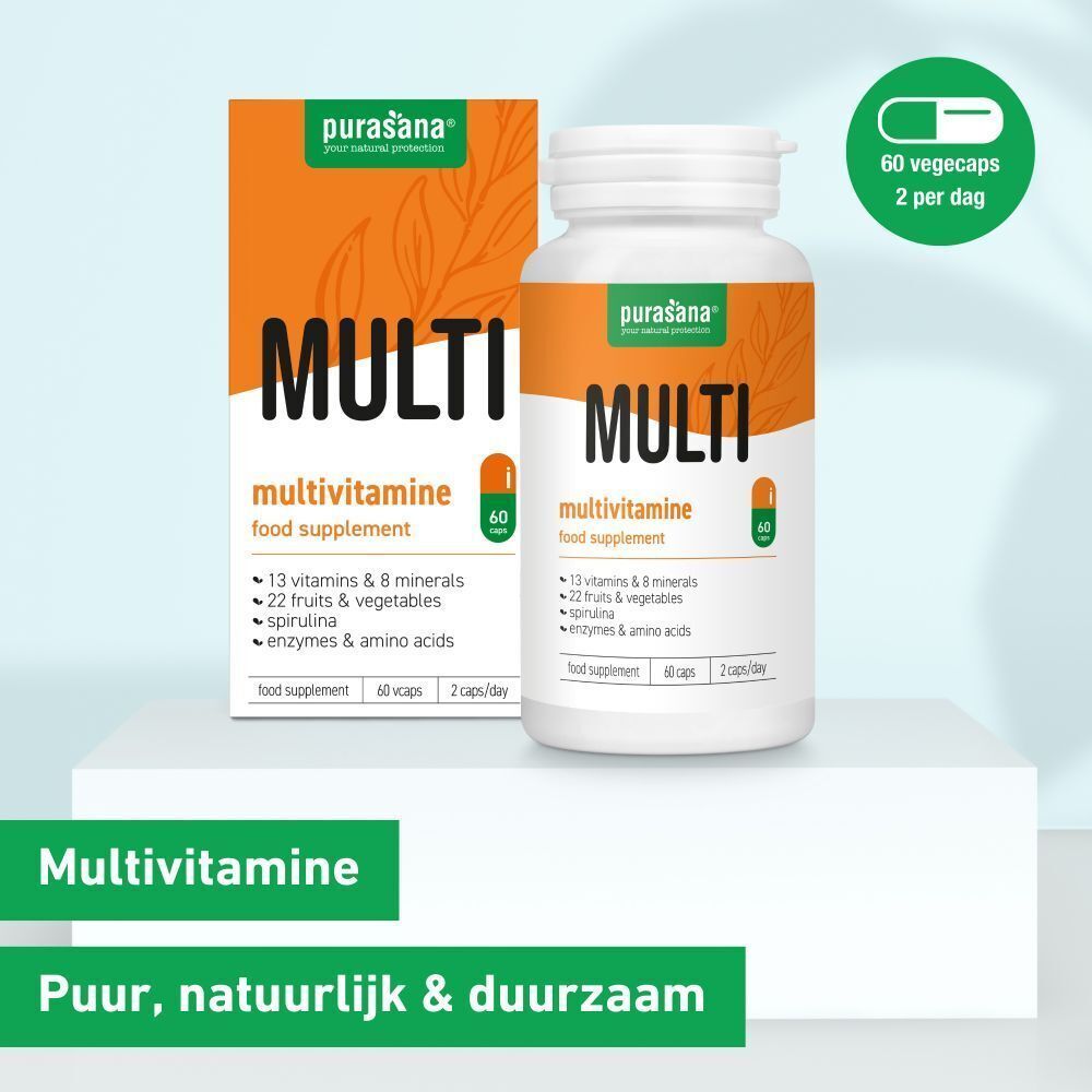 Verpakking en fles Purasana Multi Multivitamine, 60 capsules.