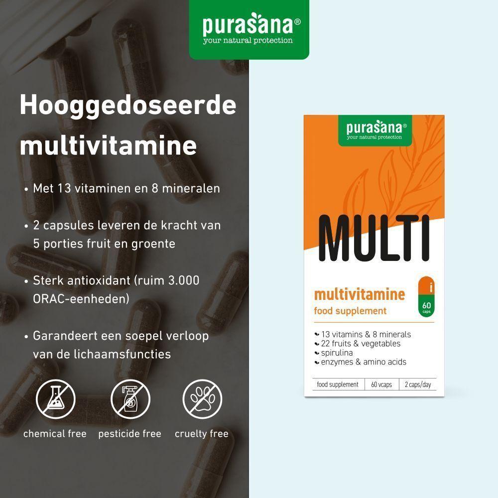 Een witte fles en een doos met oranje etiketten. Opschrift: MULTI Multivitamine. 60 capsules. Purasana logo. Tekst: Hooggedoseerde multivitamine.