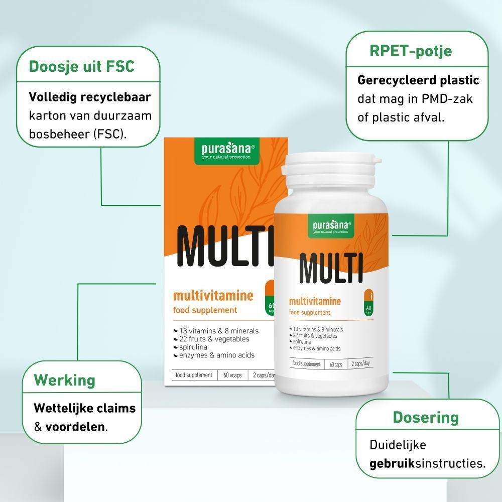 Verpakking Purasana Multi Multivitamine met informatie over ingrediënten, dosering en milieucertificeringen.