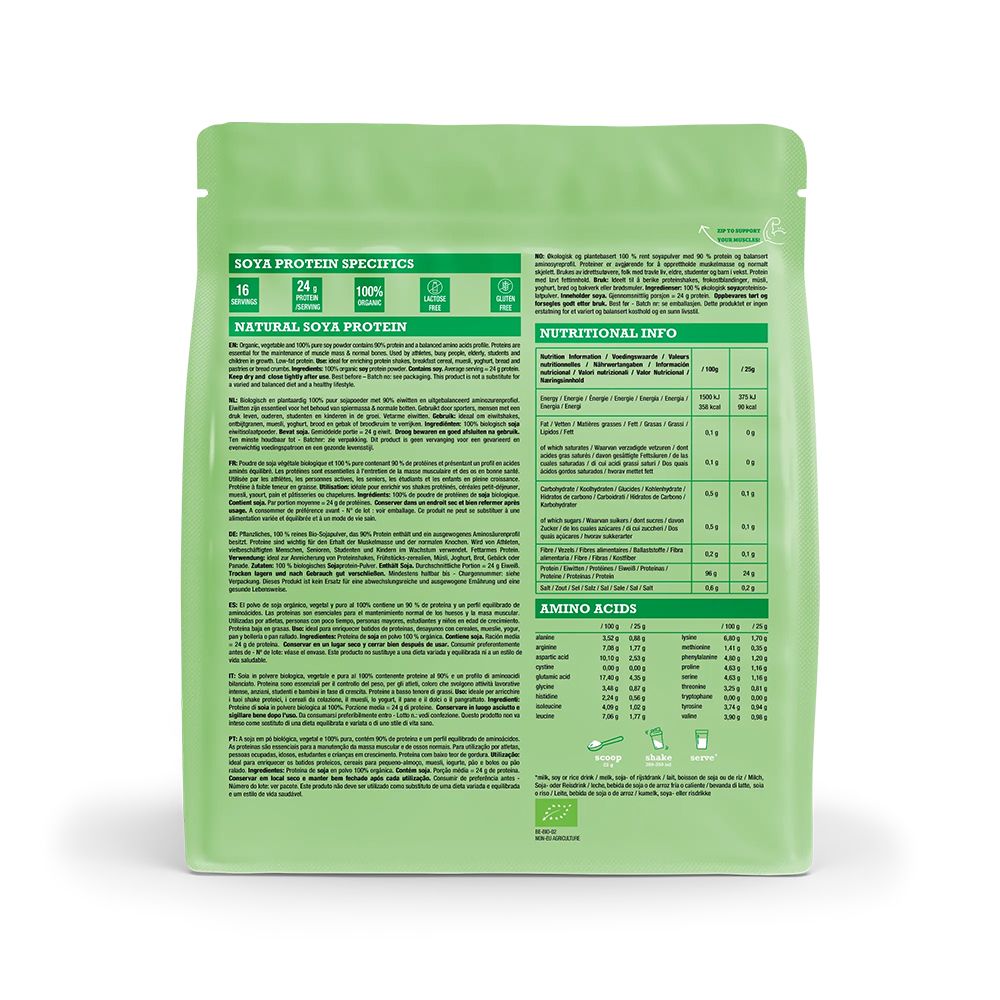 Arrière d'un paquet Purasana Soy Protein avec informations nutritionnelles et profil d'acides aminés.