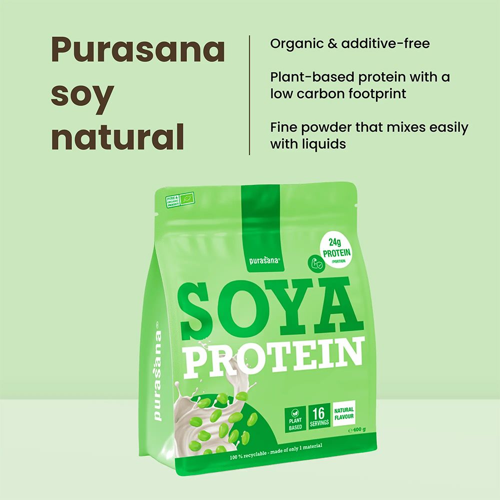 Emballage vert Purasana Soya Protein, 500g. Bio, végétal, 24g de protéines par portion.
