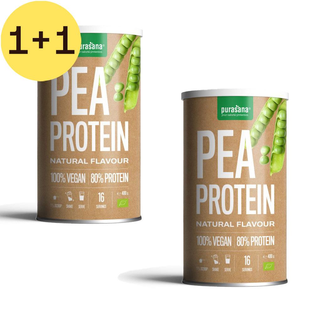 Deux boîtes de Purasana Pea Protein. Inscription : Pea Protein, Natural Flavour, 100% Vegan, 80% Protein. 1+1 gratuit.