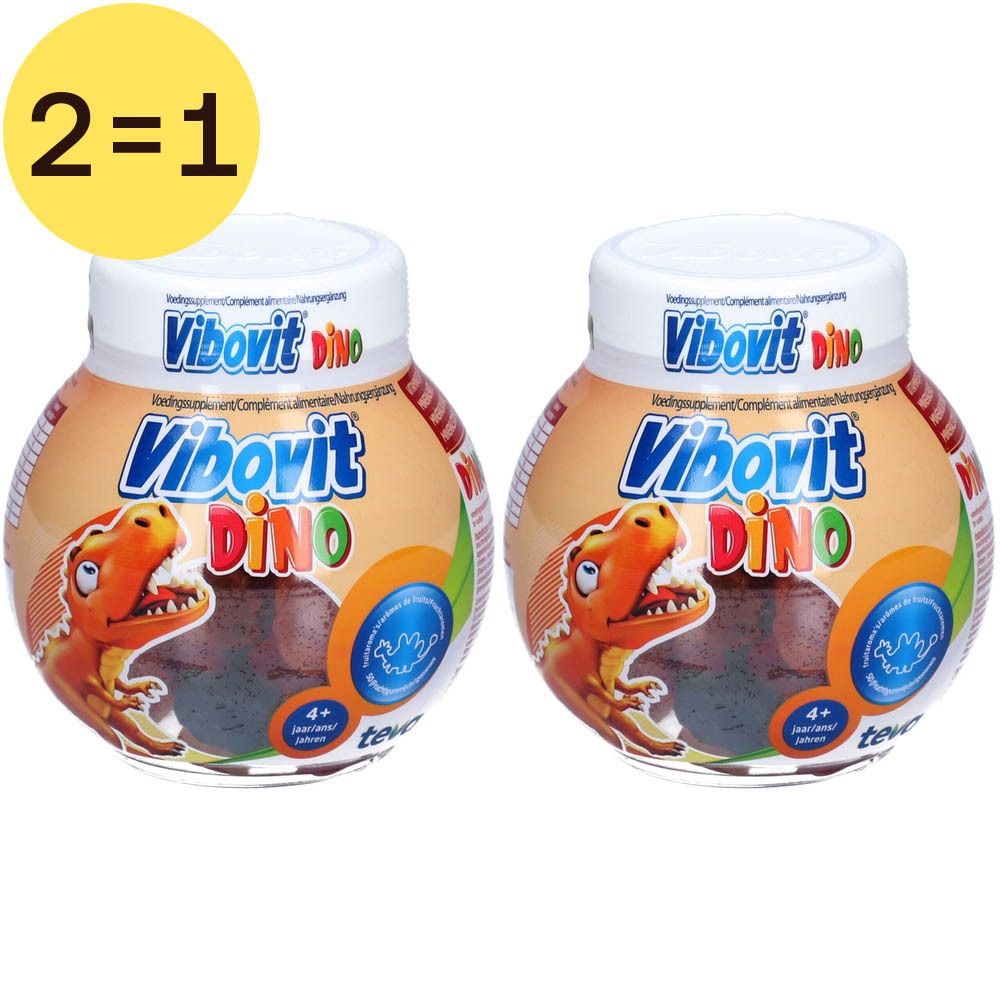 Twee flessen Vibovit Dino. Opschrift '2=1'. Elke fles heeft een dinosaurusmotief en de tekst 'Vibovit Dino'.