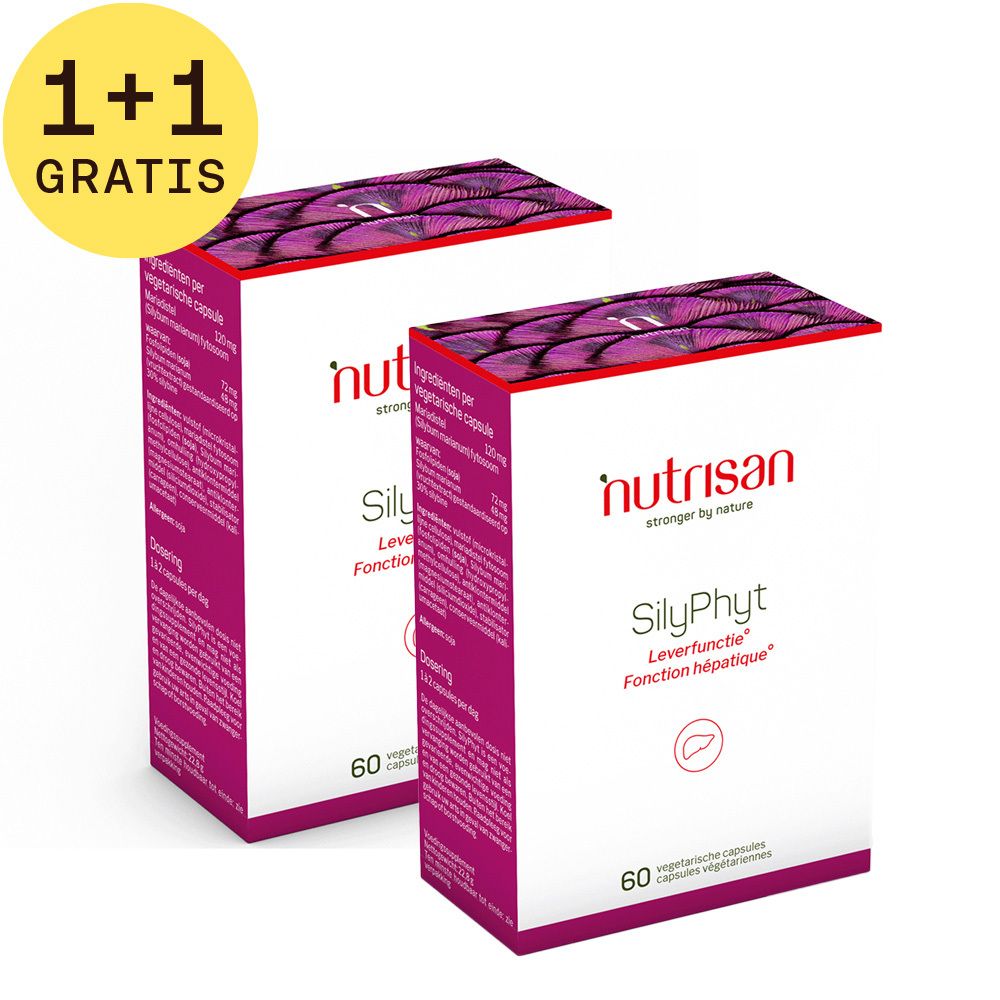 Twee dozen Nutrisan Silyphyt. Opschrift: Leverfunctie, 60 capsules. Sticker 1+1 gratis.