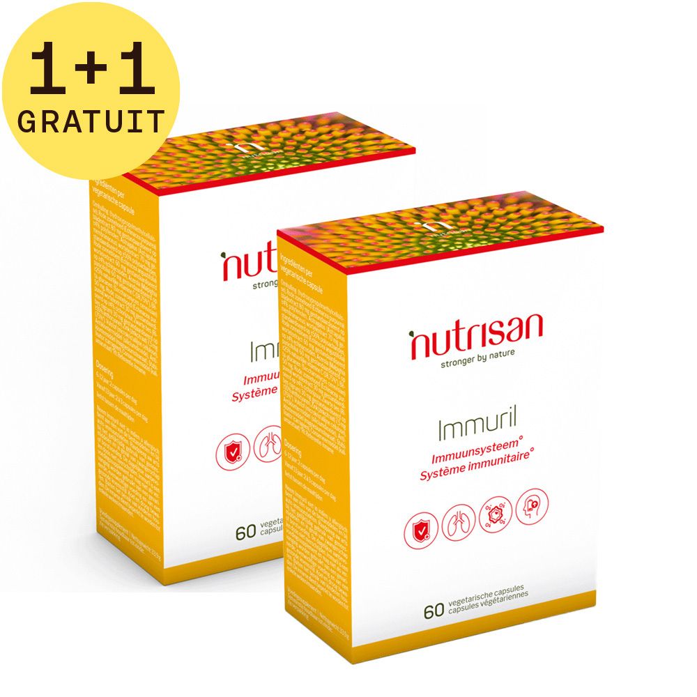 Deux boîtes de "Nutrisan Immuril". Texte "1+1 GRATUIT".