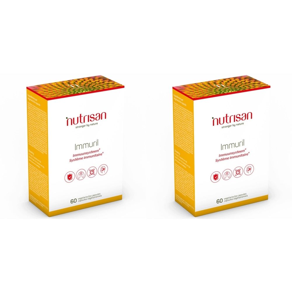 Twee rechthoekige dozen Immuril. Merk Nutrisan. 60 capsules. Geel-oranje achtergrond.