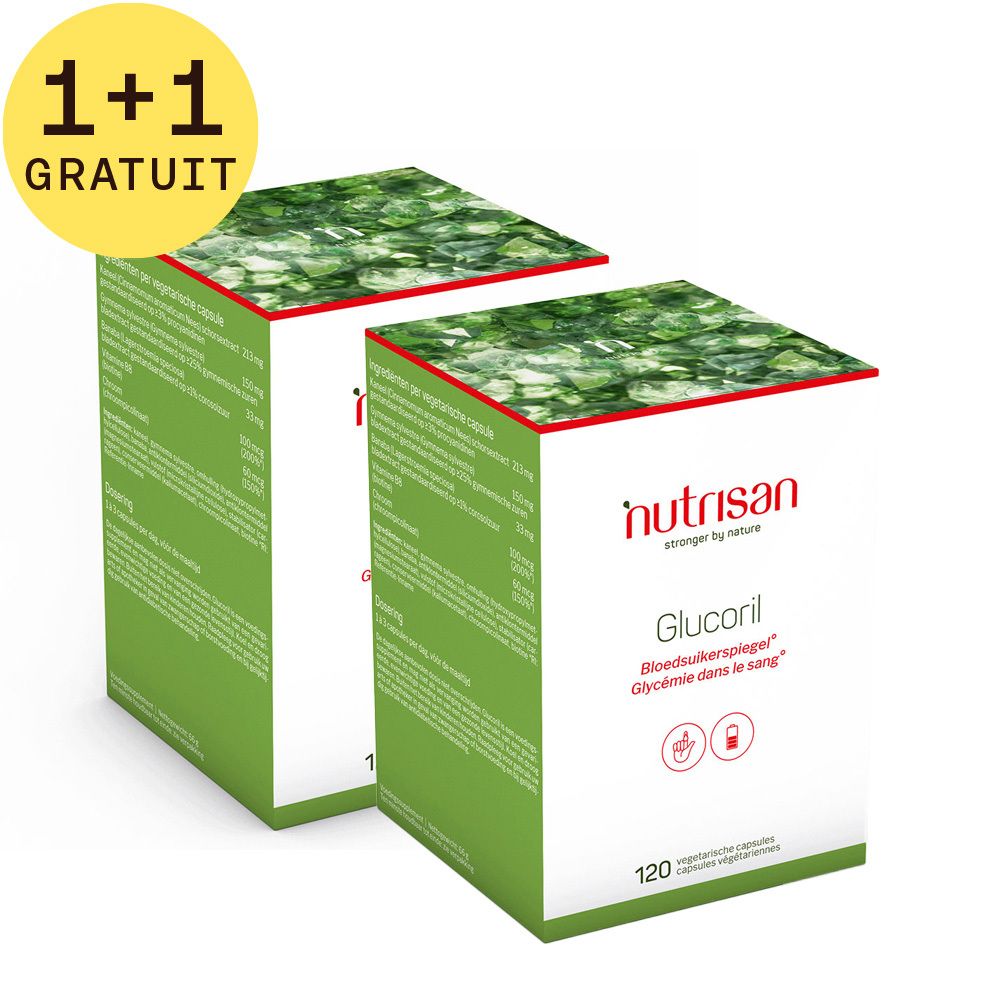 Deux boîtes vertes avec face blanche. Inscription: Nutrisan Glucoril, 120 capsules. Dessus: motif vert. Cercle jaune: 1+1 GRATUIT.