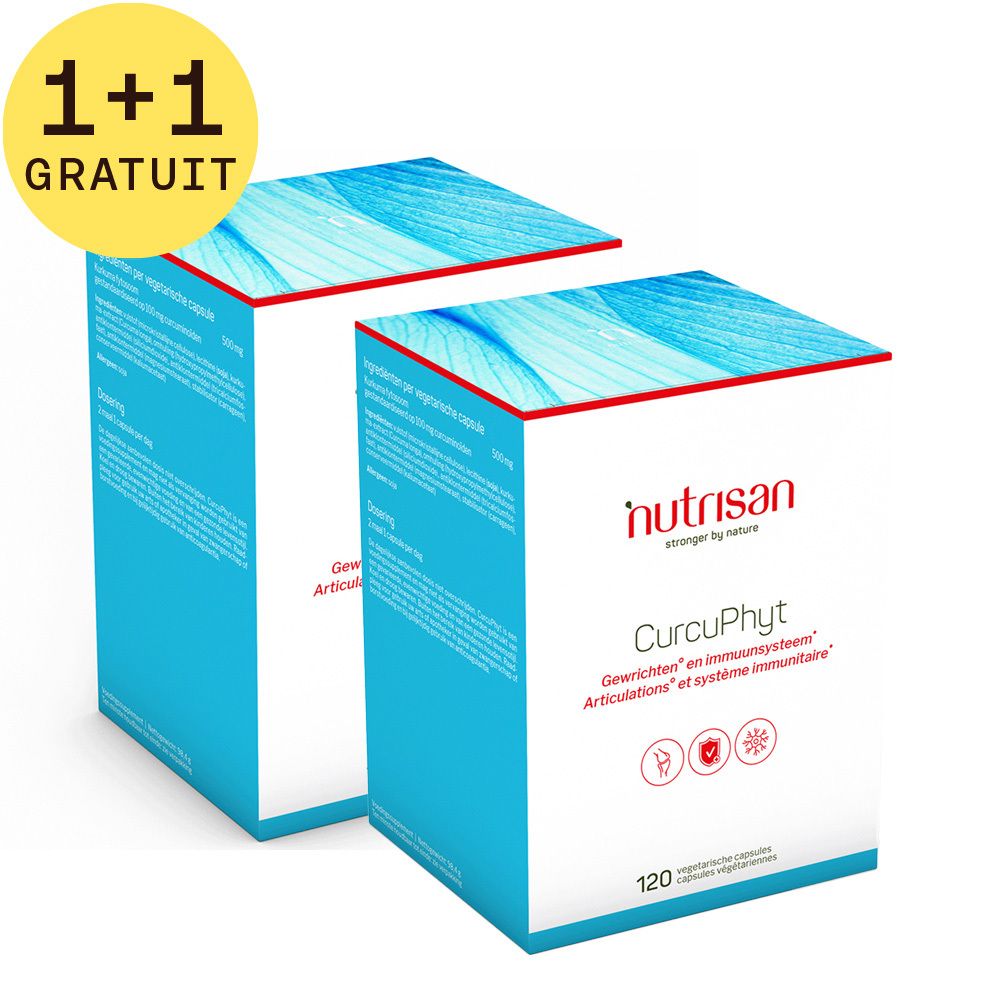 Deux boîtes bleues avec texte blanc. En haut à gauche: 1+1 GRATUIT. Inscription: Nutrisan CurcuPhyt, 120 capsules.
