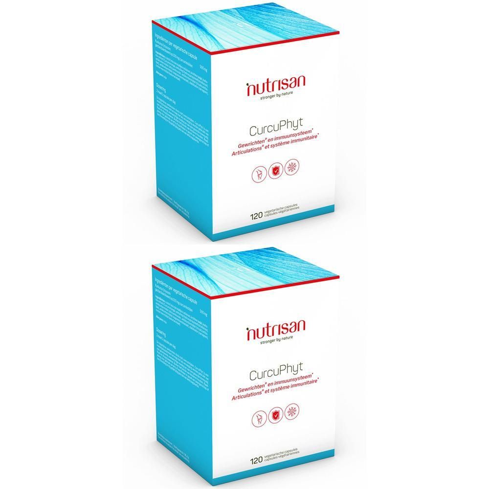 Twee witte dozen met blauwe deksel en rode lijn. Opschrift: Nutrisan CurcuPhyt, 120 capsules. Logo's.