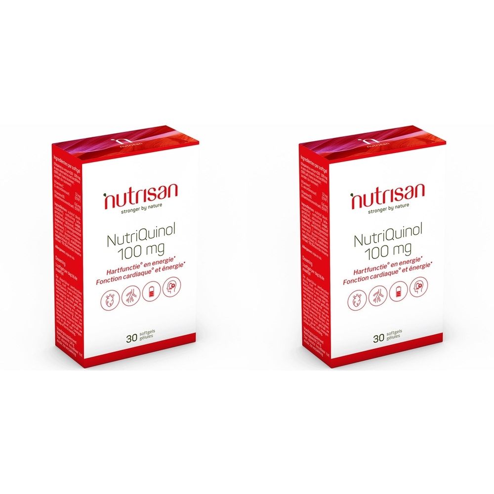 Twee rode dozen met witte tekst. Opschrift: Nutrisan, Nutriquinol 100 mg, 30 capsules. Symbolen voor hartfunctie en energie.