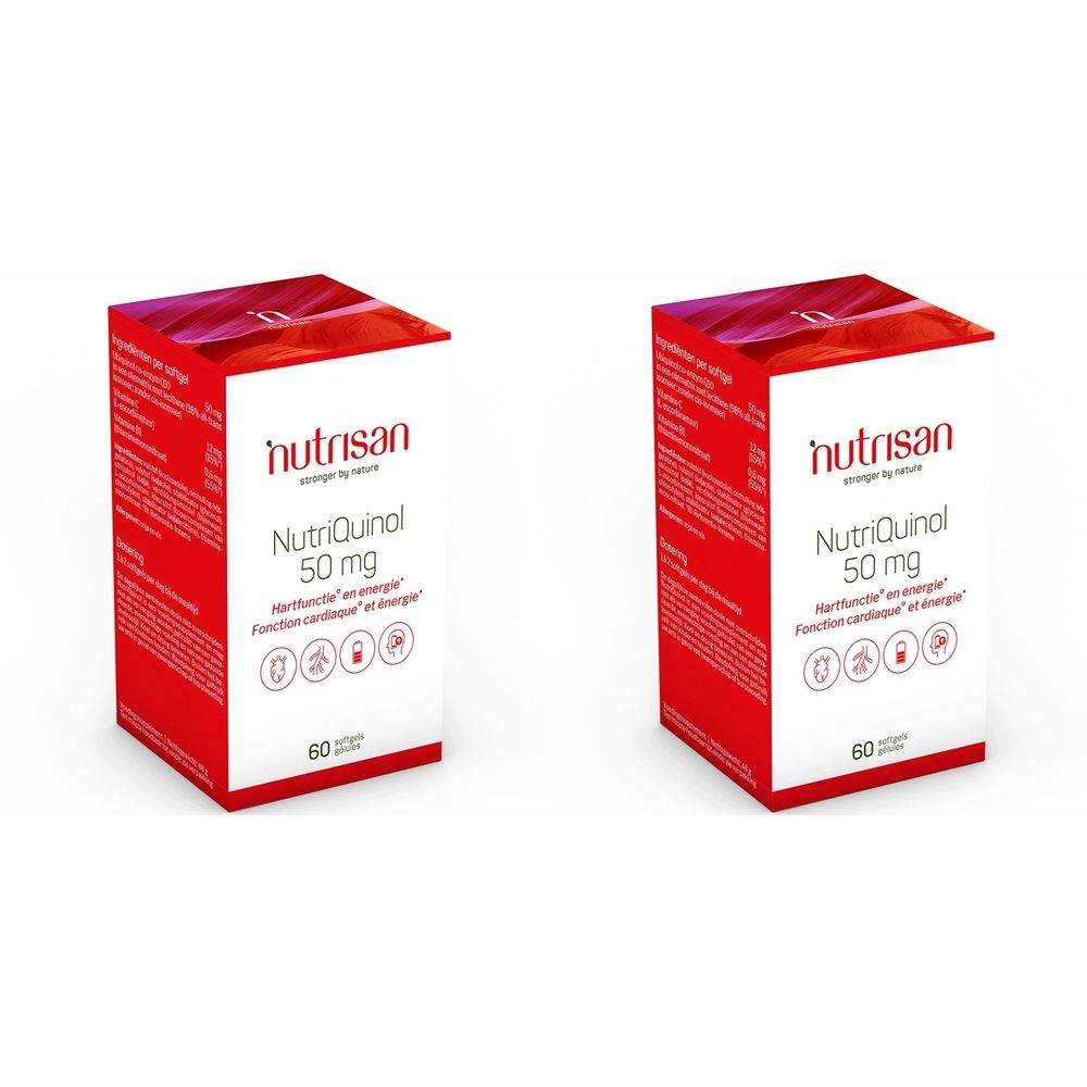 Deux boîtes rouges avec texte blanc. Inscription: Nutrisan, NutriQuinol 50 mg, 60 gélules. Symboles pour fonction cardiaque et énergie.