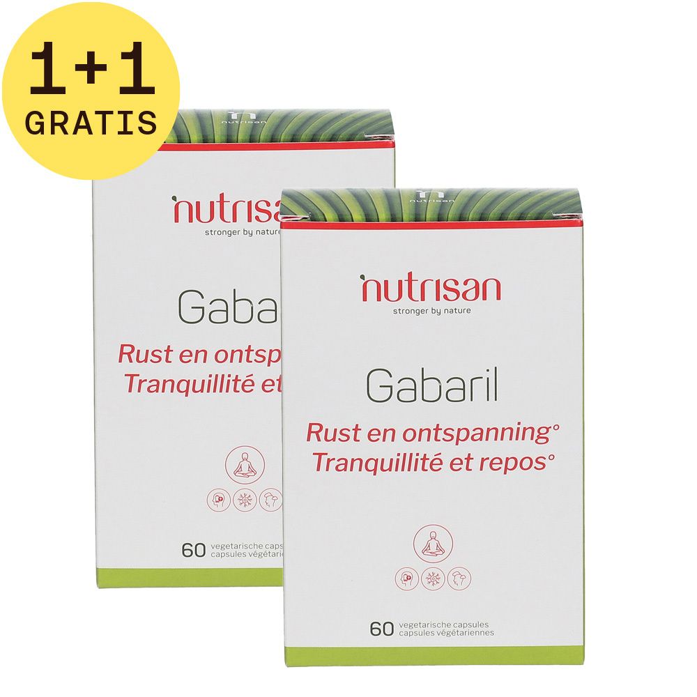 Twee dozen "Gabaril" capsules. Opschrift "1+1 GRATIS". Op elke doos staat "nutrisan" en "60 vegetarische capsules".