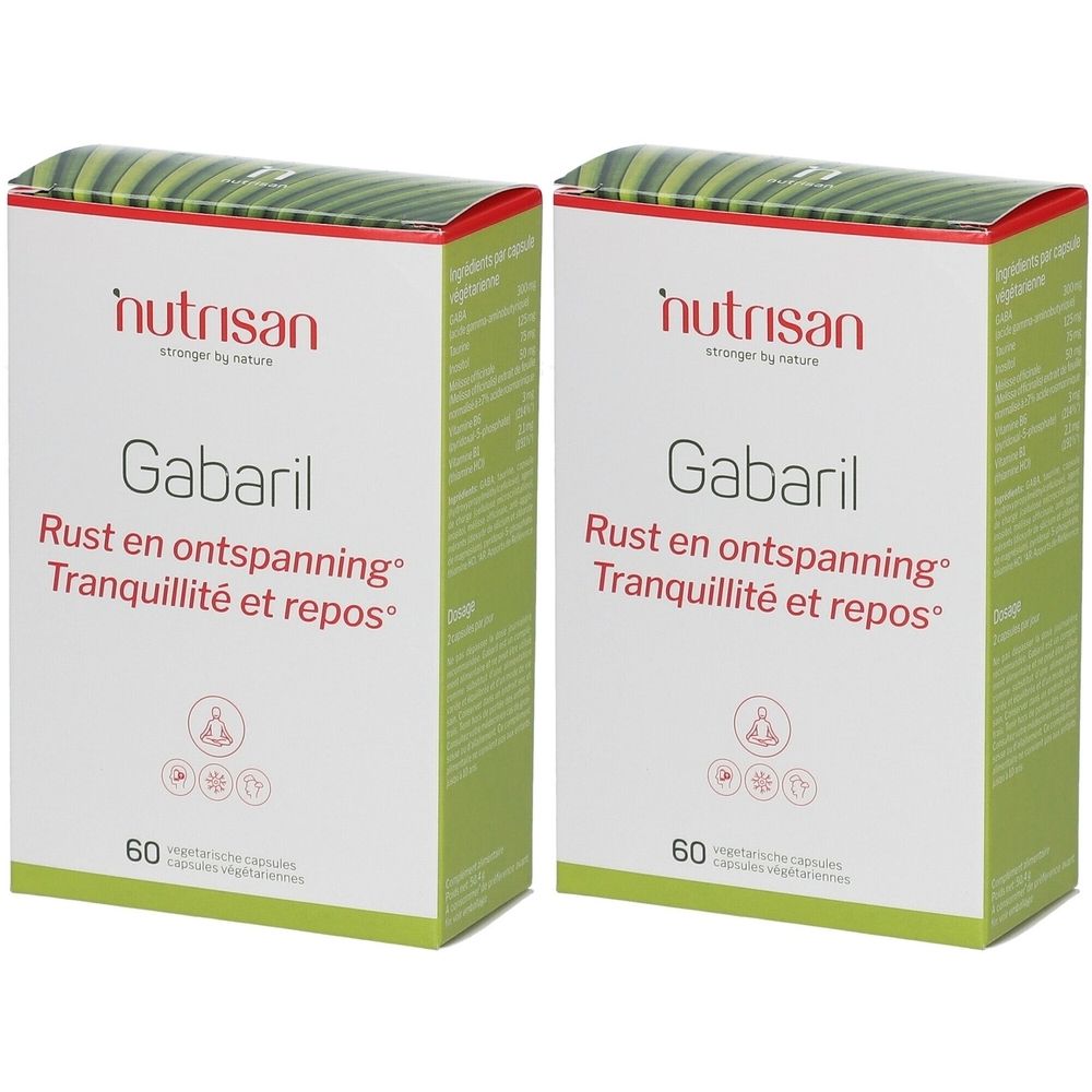 Twee witte dozen, groene deksel, rode tekst. Opschrift: Nutrisan Gabaril, 60 capsules.