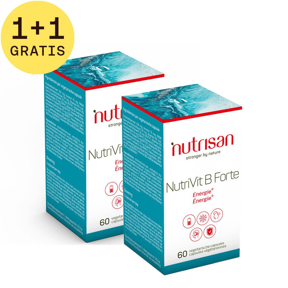Twee dozen Nutrisan Nutrivit B Forte. Opschrift: Energie. 1+1 gratis. 60 vegetarische capsules.