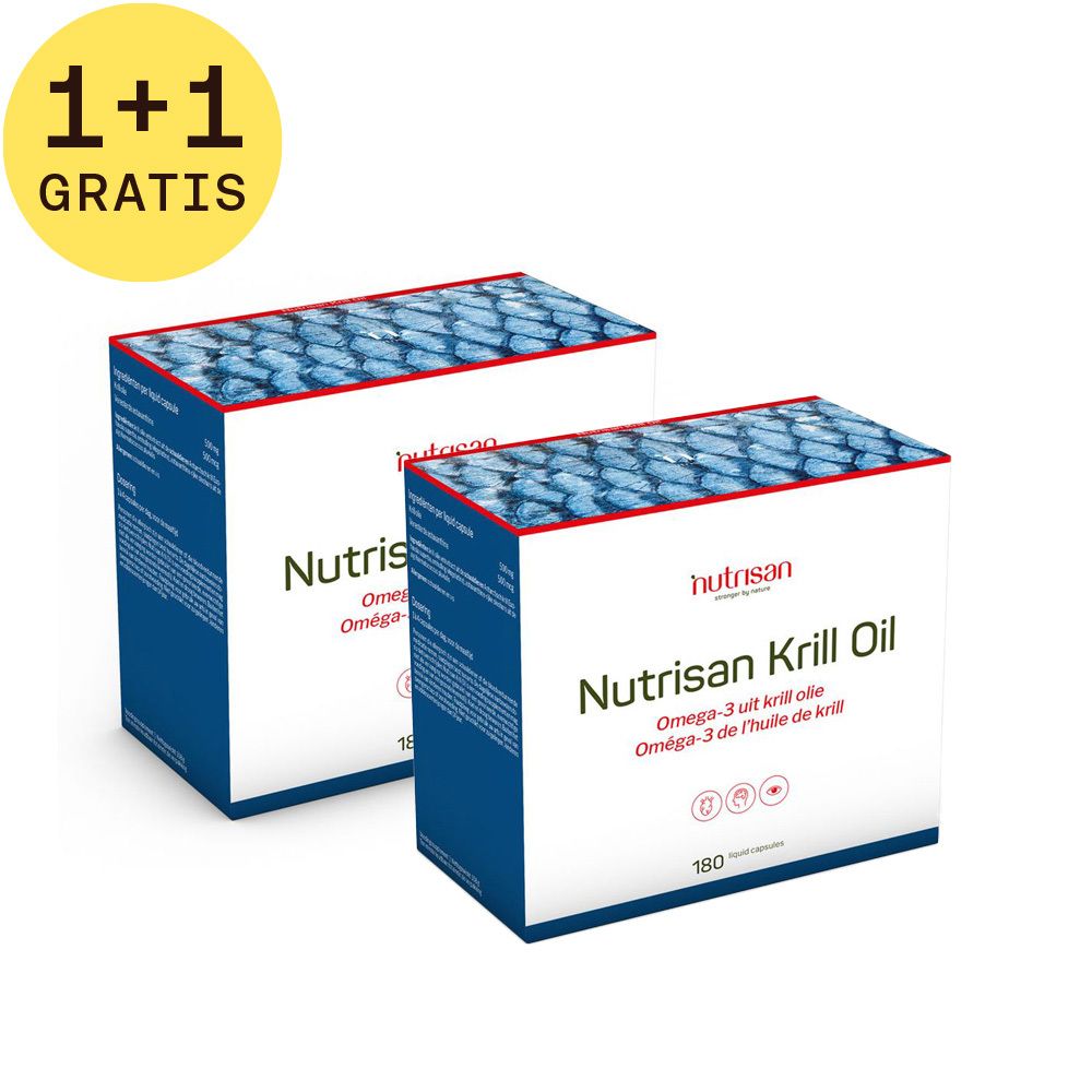 Twee dozen Nutrisan Krill Oil. Blauw en witte verpakking. 1+1 gratis sticker.