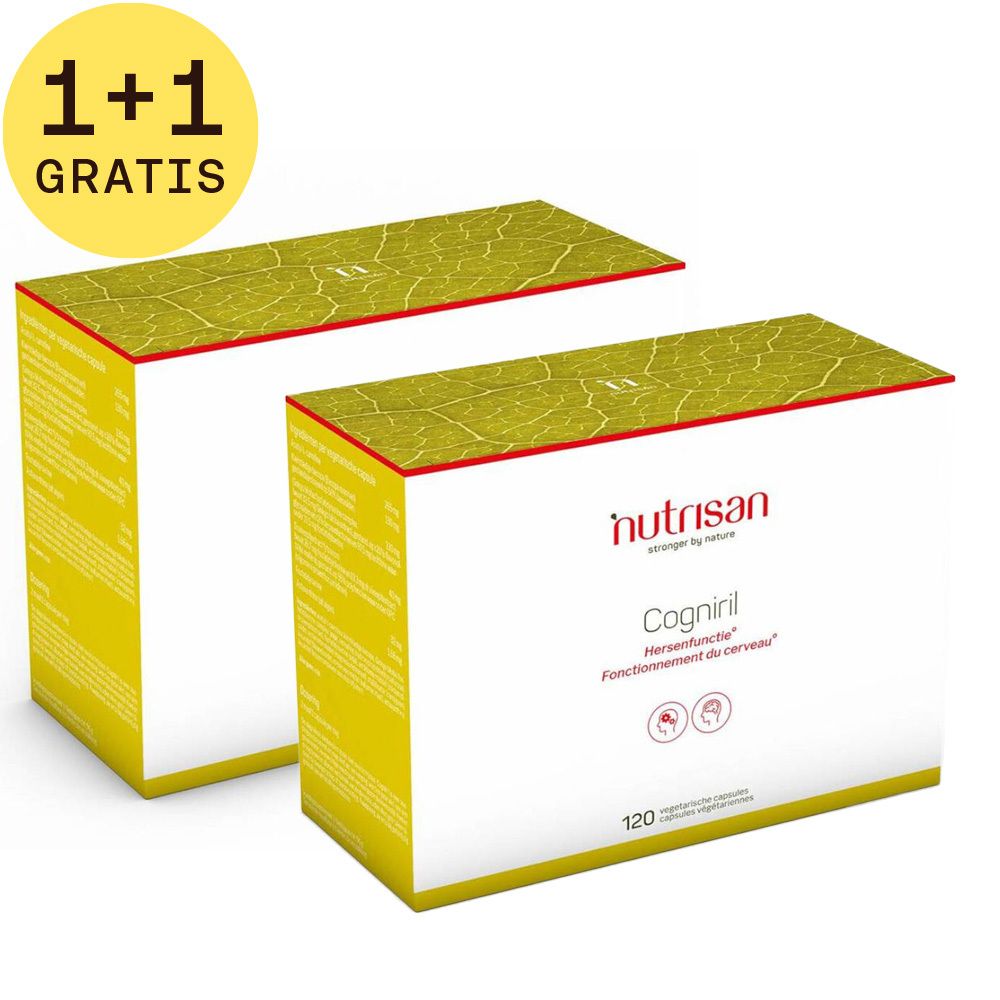 Twee witte dozen met gele deksels en rode rand. Opschrift "Nutrisan Cogniril". 120 capsules. Sticker "1+1 GRATIS".
