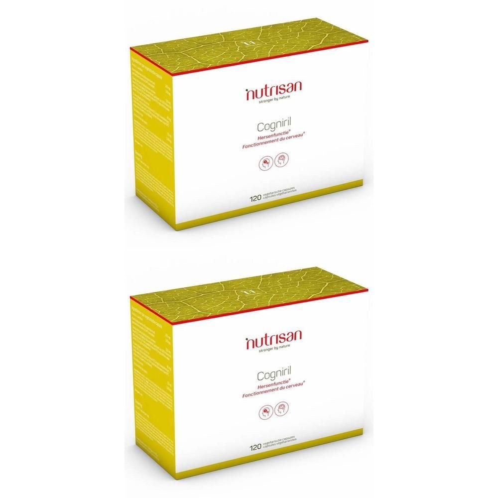 Deux boîtes blanches avec couvercles jaunes et bordure rouge. Inscription "Nutrisan Cogniril". 120 capsules. Fond jaune.