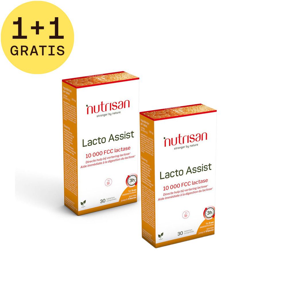 Twee Lacto Assist dozen met opschrift 1+1 GRATIS. 10 000 FCC lactase. Vegan logo. 30 tabletten. Directe hulp bij de vertering van lactose.