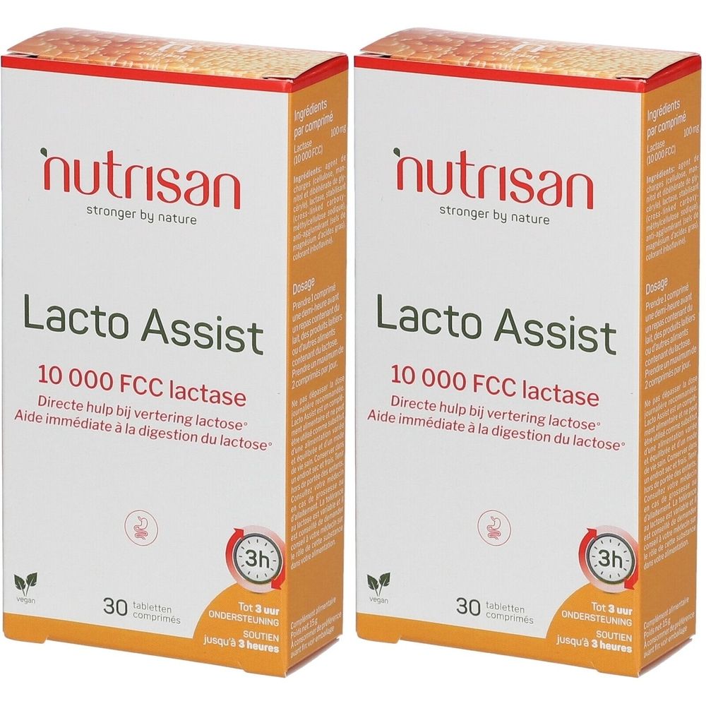 Deux boîtes de Lacto Assist. Inscription: 10 000 FCC lactase. Logo vegan. 30 comprimés. Aide immédiate à la digestion du lactose.