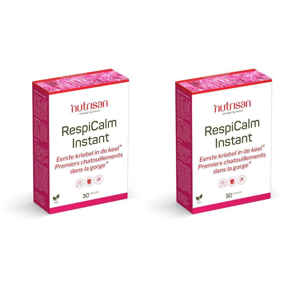 Twee rechthoekige dozen met rode en witte tekst. Opschrift: Nutrisan RespiCalm Instant. 30 tabletten.