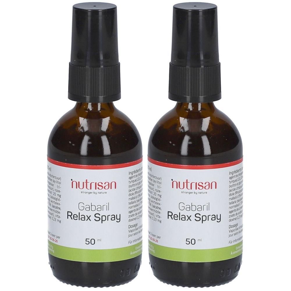 Deux flacons en verre brun avec vaporisateur noir. L'étiquette indique "Nutrisan Gabaril Relax Spray".