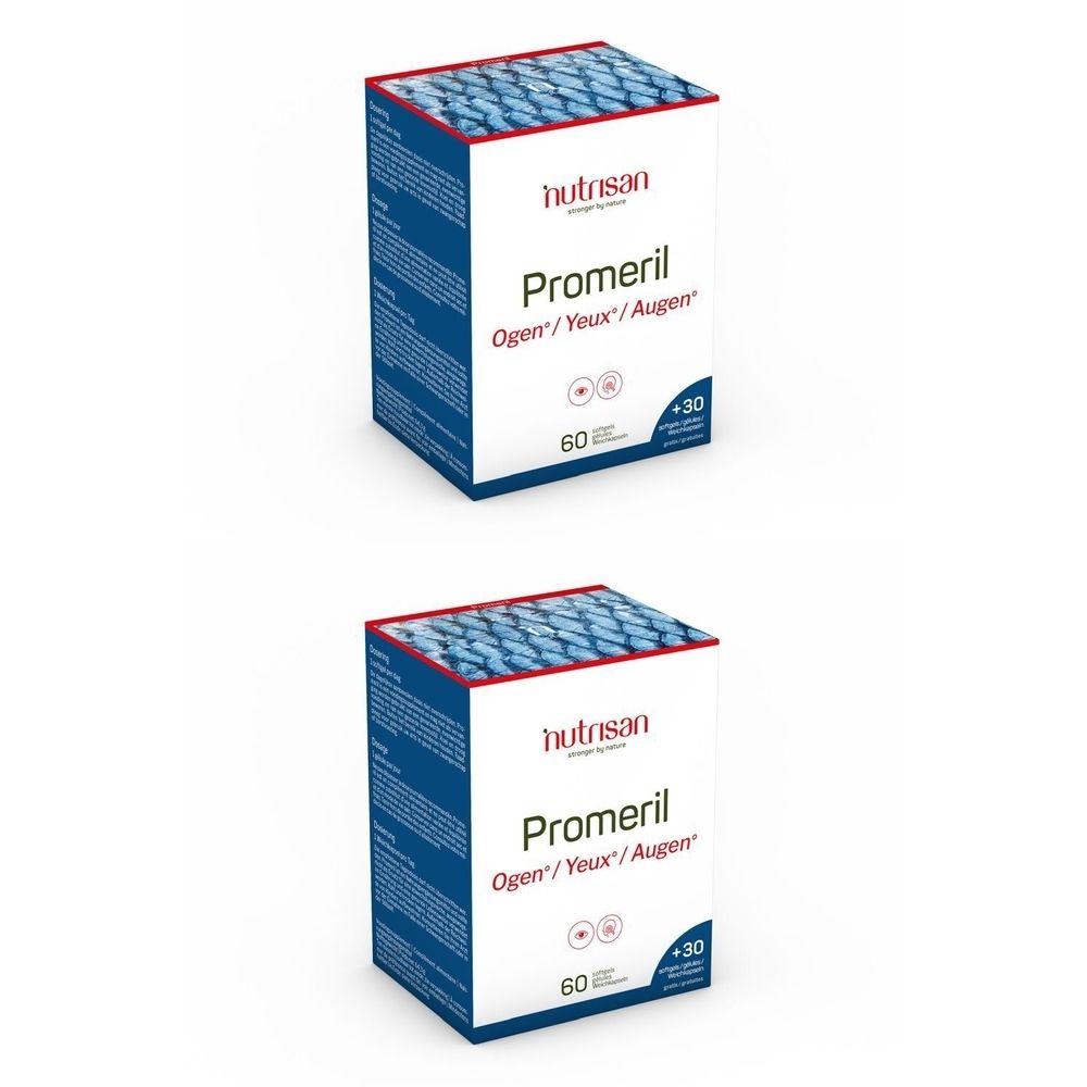 Twee dozen Nutrisan Promeril. Opschrift: Promeril Ogen/Yeux/Augen. 60 capsules +30 gratis. Rode en blauwe verpakking.