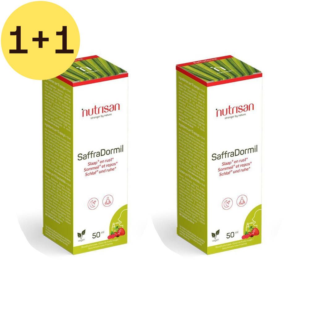 Twee dozen Nutrisan SaffraDormil. Opschrift '1+1 GRATIS'. Rode en groene verpakking met productnaam en logo.