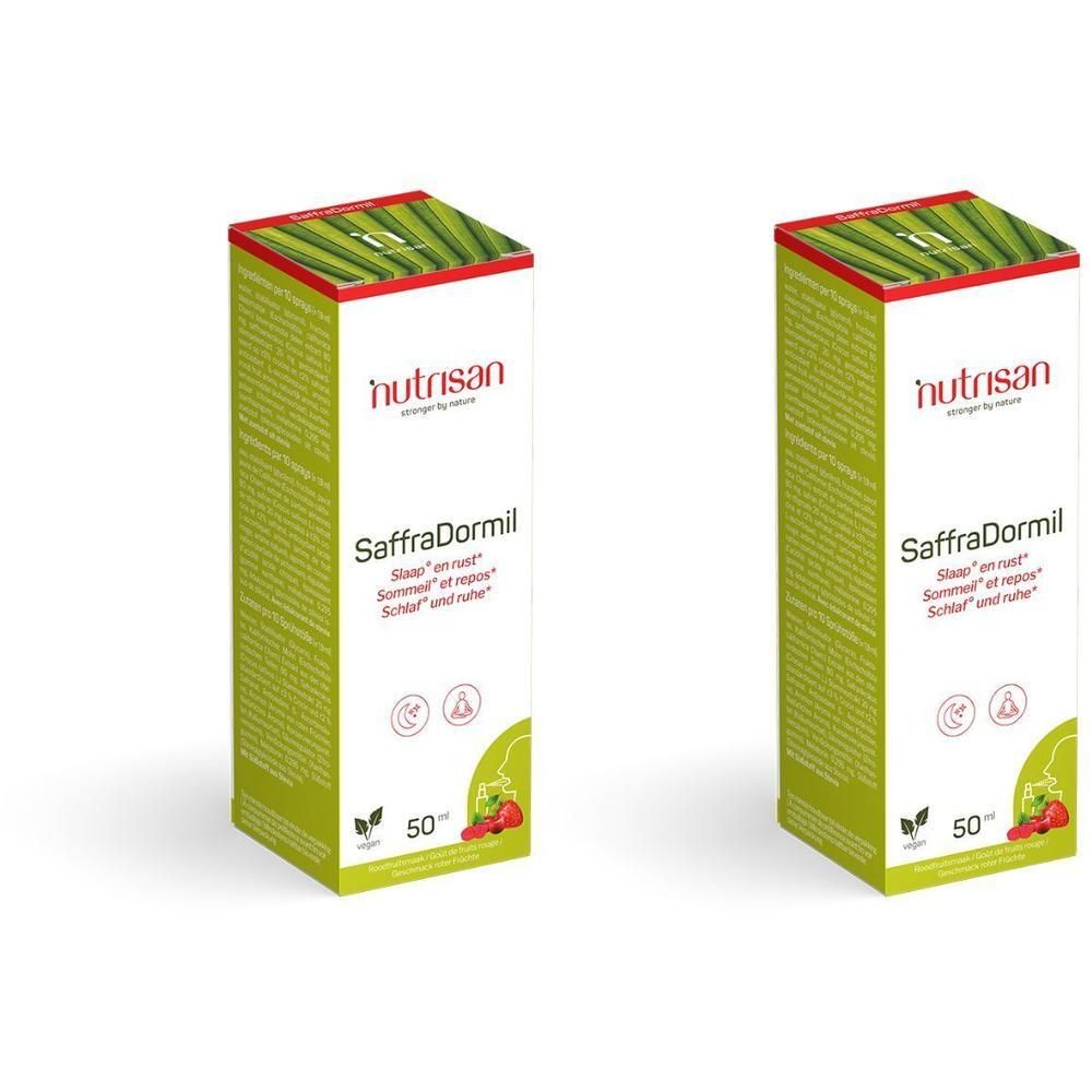 Twee groene dozen met rode deksel. Opschrift: Nutrisan SaffraDormil. Tekst in het Duits, Frans en Nederlands. 50 ml.