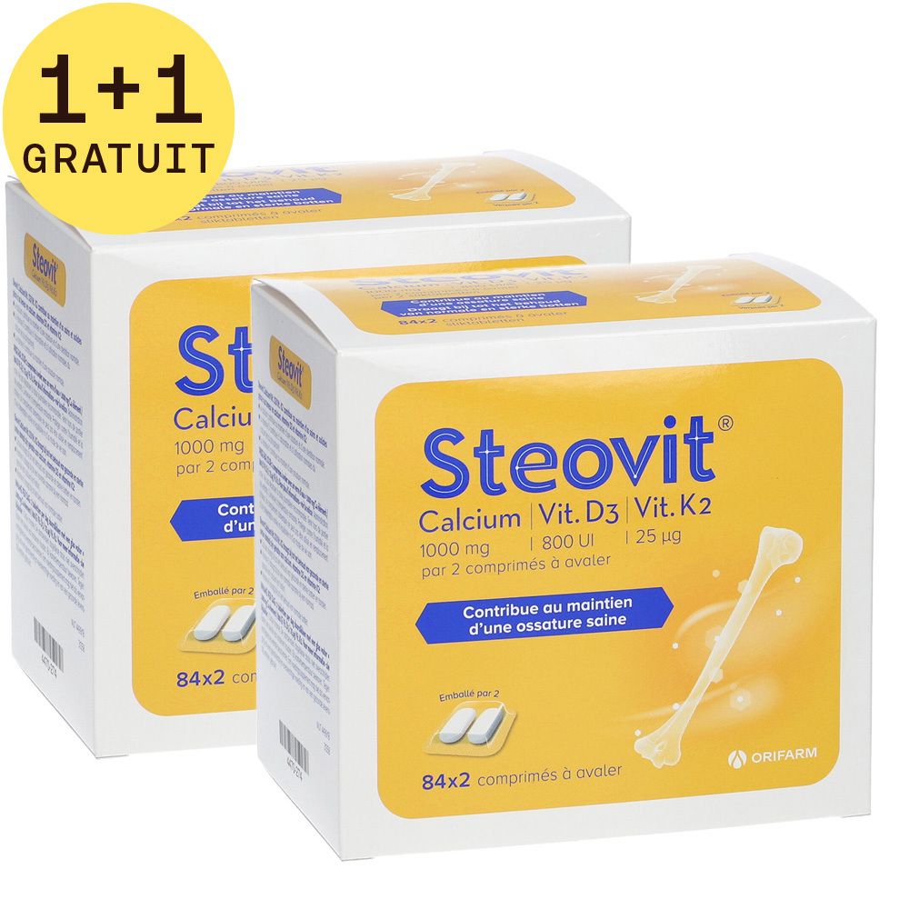 Deux boîtes de Steovit Calcium, Vitamine D3, Vitamine K2. Inscription : 1+1 GRATUIT. Contient des comprimés et une image d'os.