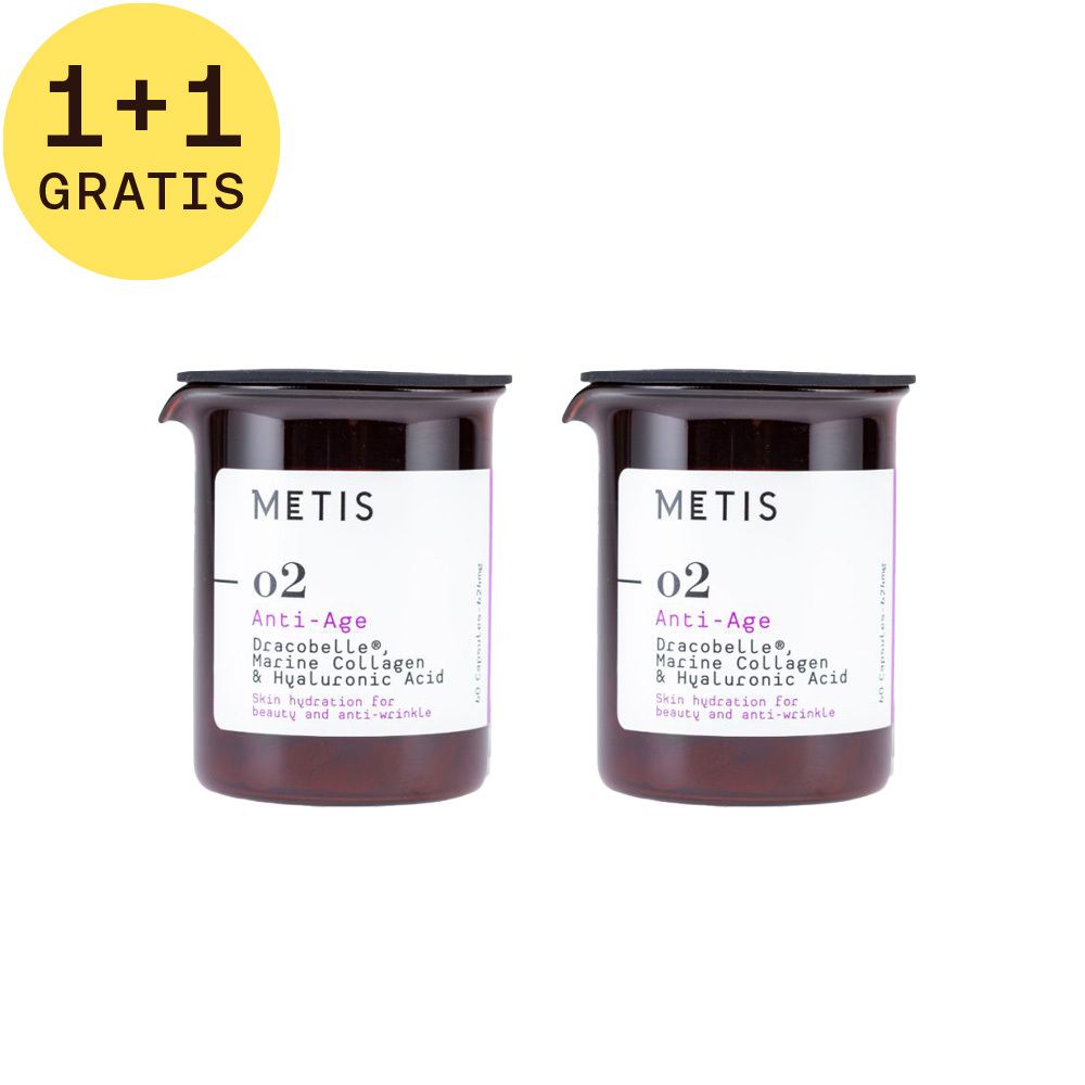 Twee bruine potten met zwarte deksels. Labels met "METIS", "02 Anti-Age" en ingrediënten. 1+1 GRATIS.
