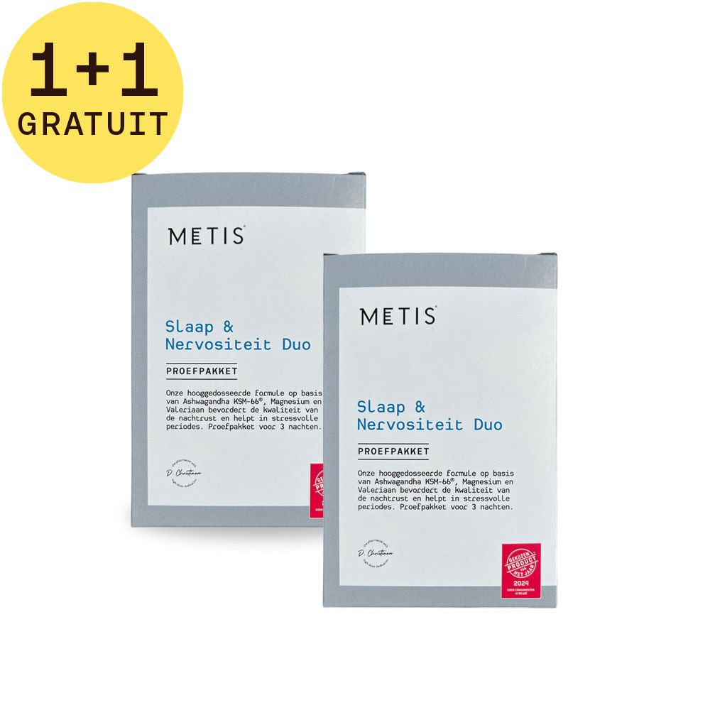Deux boîtes grises avec texte blanc. Inscription : Metis Sleep & Nervositeit Duo. Proefpakket. Avec autocollant 1+1 gratuit.