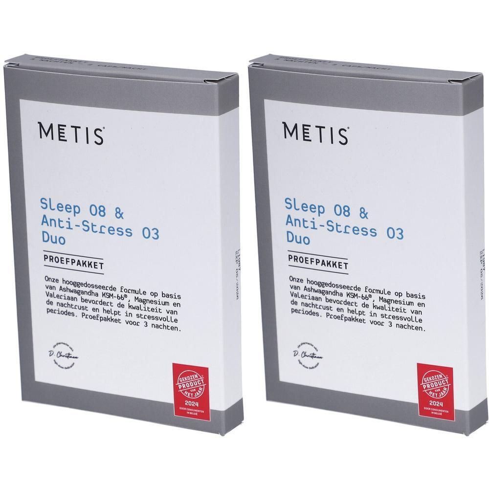 Deux boîtes grises avec texte blanc. Inscription : Metis Sleep 08 & Anti-Stress 03 Duo. Proefpakket. Avec label de qualité rouge.