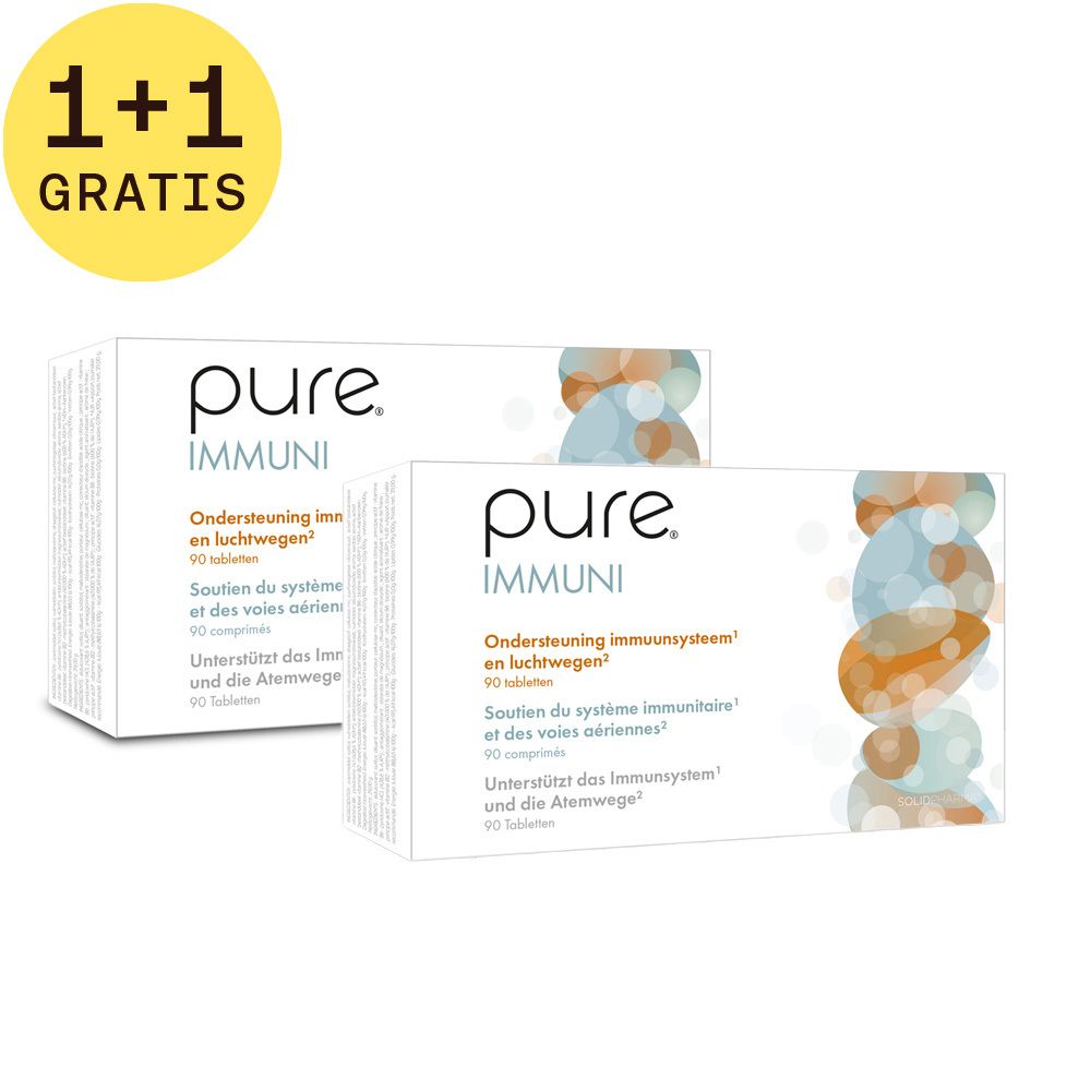 Twee witte dozen Pure Immuni, 1+1 gratis. Opschrift: Ondersteuning immuunsysteem, 90 tabletten.