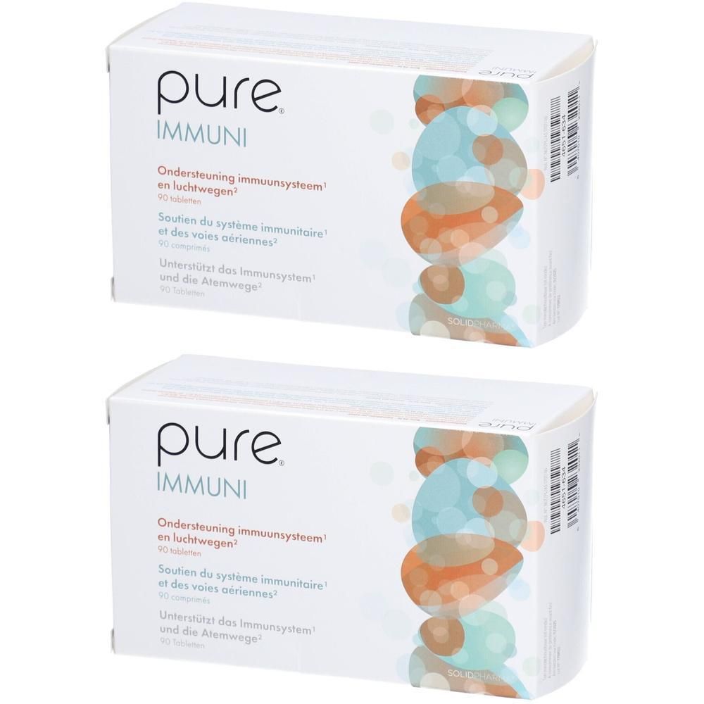 Deux boîtes blanches "pure Immuni". Texte en néerlandais, français et allemand. Illustration de cercles colorés.