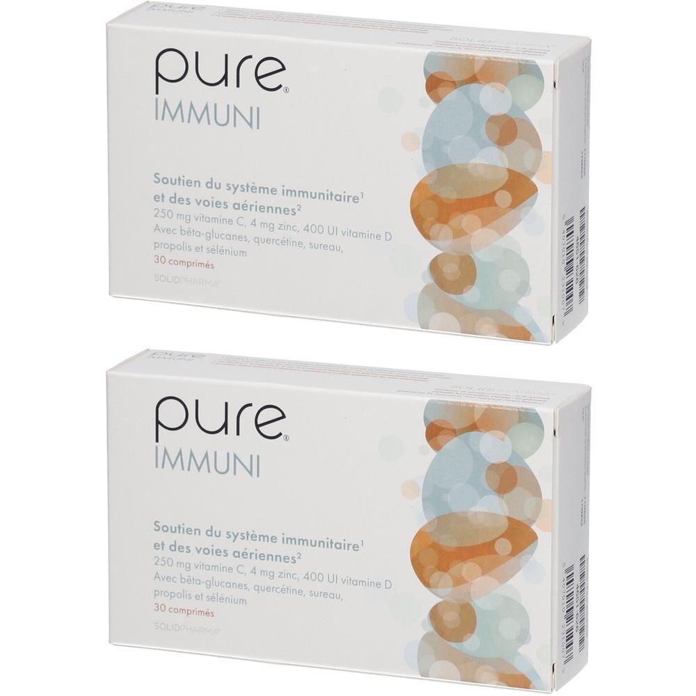 Twee witte dozen met "pure IMMUNI". Tekst: "Soutien du système immunitaire et des voies aériennes". 30 tabletten.