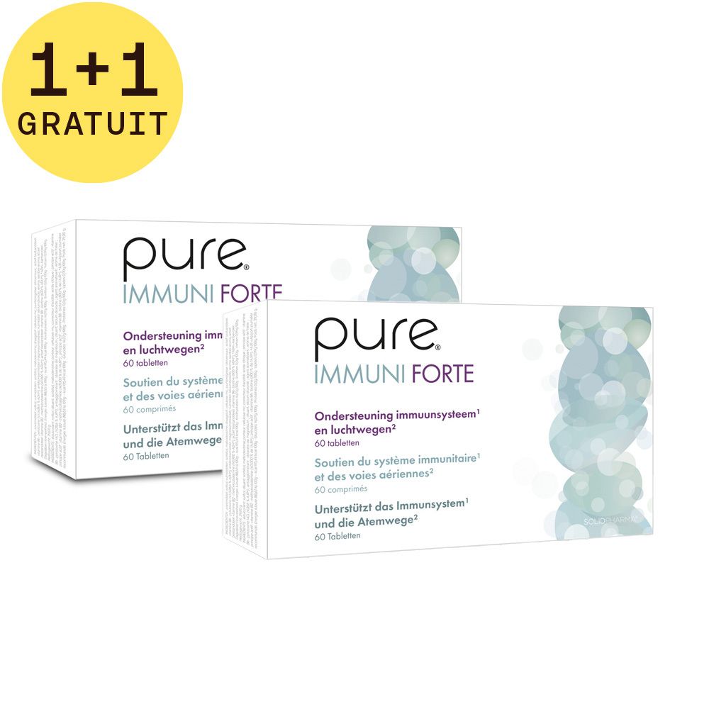 Deux boîtes blanches avec le logo "pure. IMMUNI FORTE" et du texte. Inscription "1+1 GRATUIT" dans un cercle jaune.