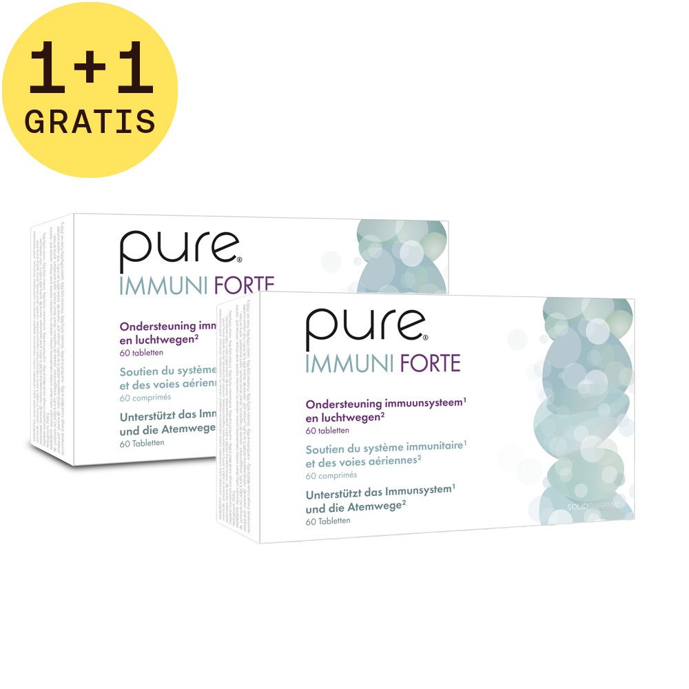 Twee witte dozen met "pure. IMMUNI FORTE" logo en tekst. Opschrift "1+1 GRATIS" in een gele cirkel.
