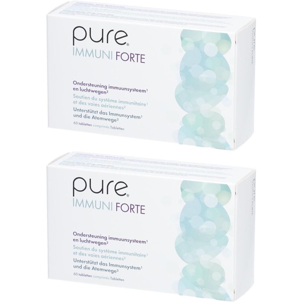 Twee witte dozen met "pure IMMUNI FORTE". Tekst in het Nederlands, Frans en Duits. 60 tabletten.