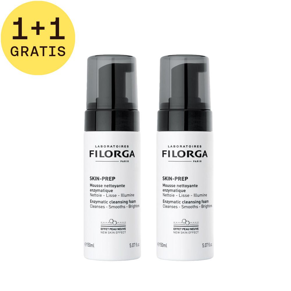 Twee witte flessen met zwarte pomp. Opschrift: Filorga Skin-Prep Mousse Nettoyante Enzymatique. Geel label 1+1 GRATIS.