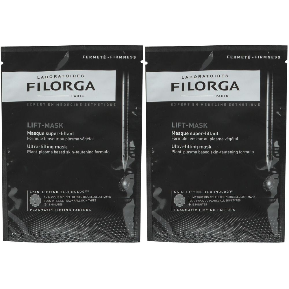 Twee zwarte Filorga Lift-Mask verpakkingen. Tekst: Lift-Mask, Ultra-lifting mask, Laboratoires Filorga Paris.