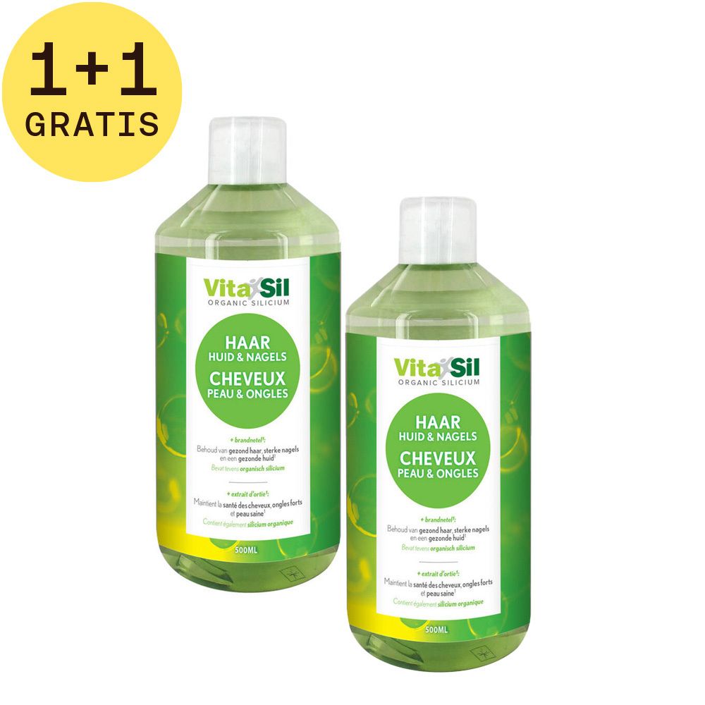 Twee flessen Vitasil Organic Silicium met 1+1 gratis. Groene etiketten. Voor huid, haar, nagels. 500ml.