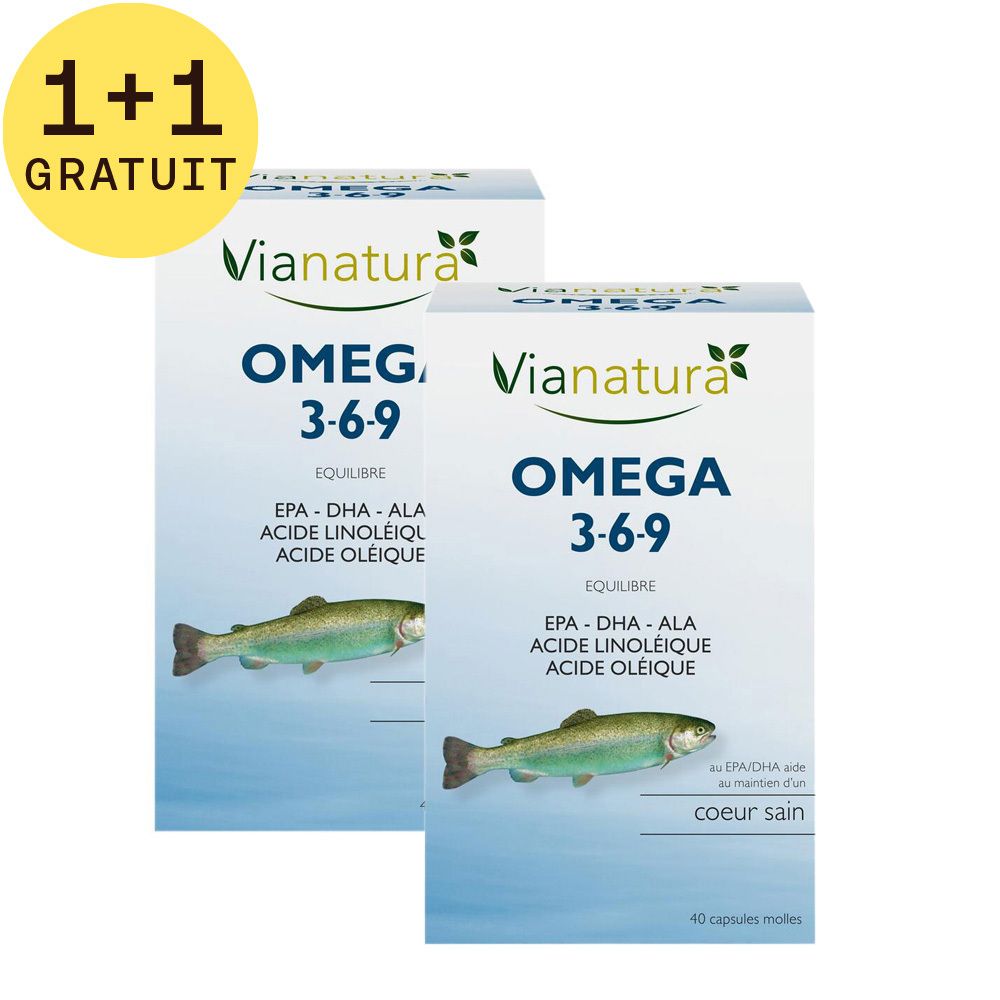 Deux boîtes ViaNatura Omega 3-6-9. Inscription: Omega 3-6-9, EPA-DHA-ALA, 1+1 GRATUIT. Illustration de poisson.