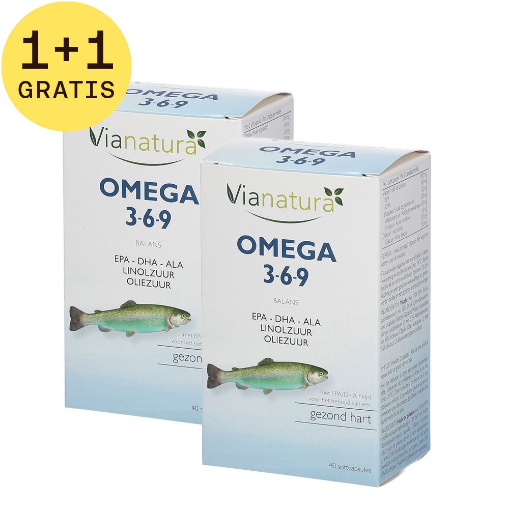 Twee dozen ViaNatura Omega 3-6-9. Opschrift: Omega 3-6-9, EPA-DHA-ALA, 1+1 GRATIS. Vis-illustratie.