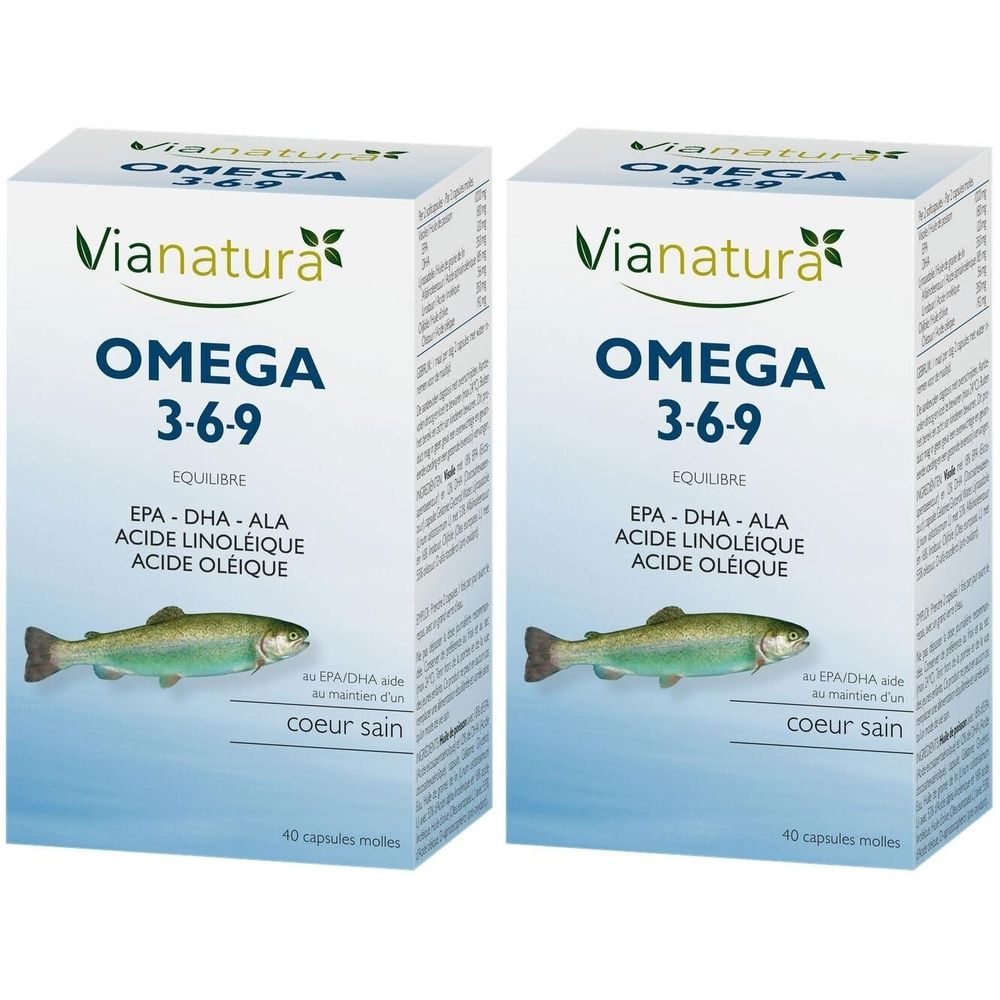 Twee dozen ViaNatura Omega 3-6-9. Opschrift: Omega 3-6-9, EPA-DHA-ALA, acide linoléique, acide oléique, coeur sain. Vis-illustratie.
