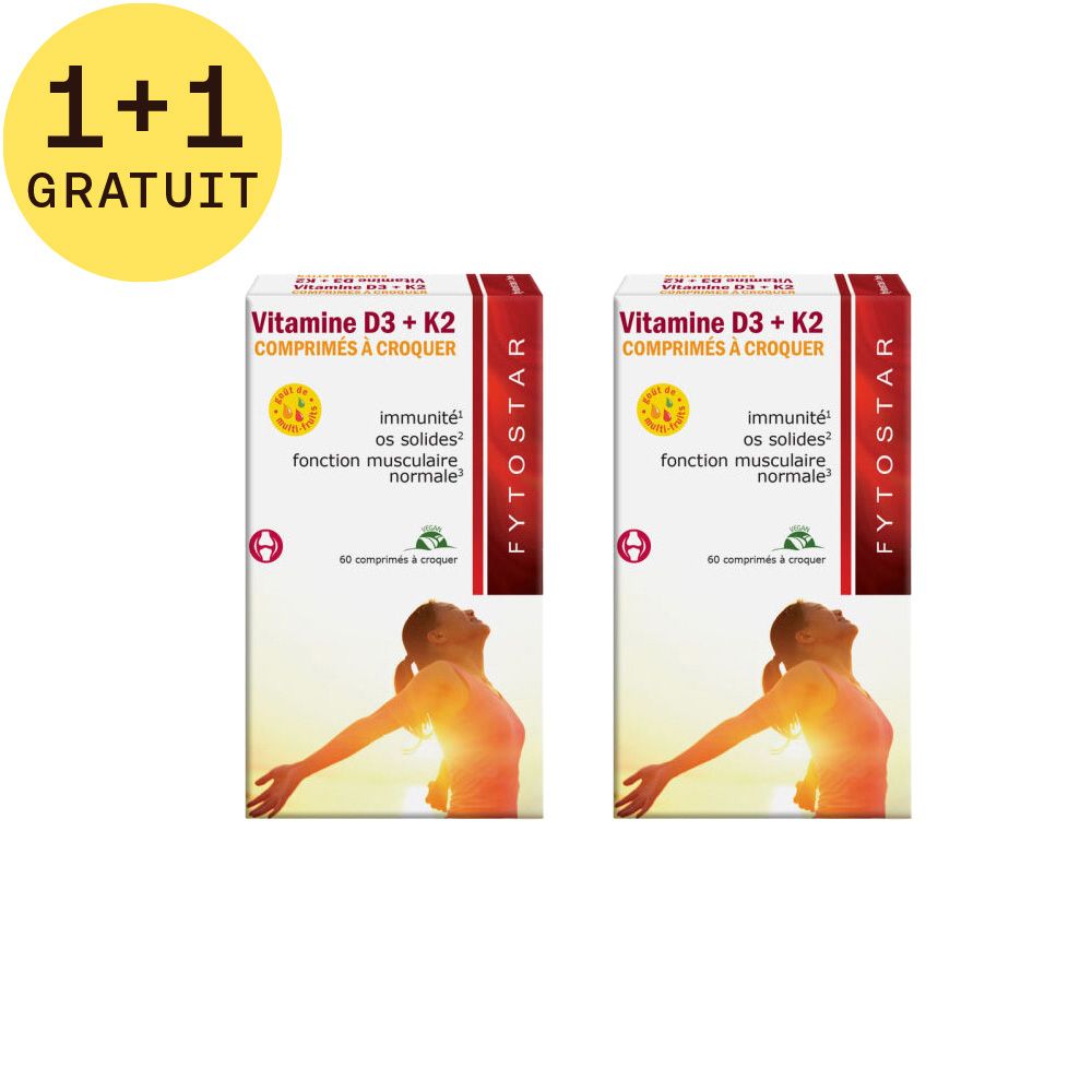Deux boîtes de FYTOSTAR Vitamine D3 + K2. Inscription 1+1 GRATUIT. Chaque boîte contient 60 comprimés, illustration d'une personne.