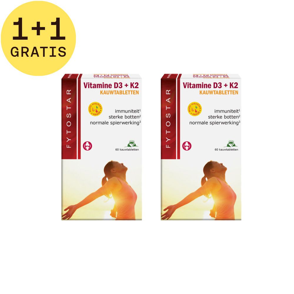 Twee dozen FYTOSTAR Vitamine D3 + K2. Opschrift: 1+1 GRATIS. Elke doos: 60 kauwtabletten, illustratie van een persoon.