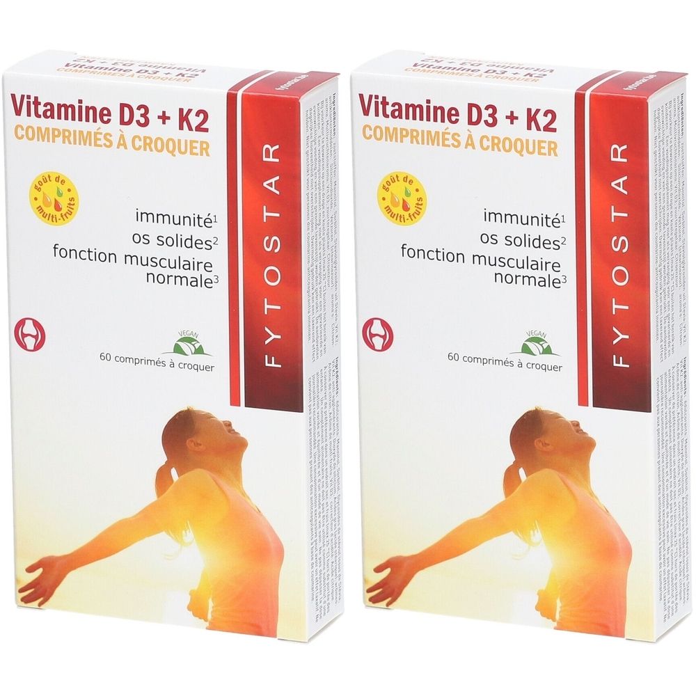 Twee dozen FYTOSTAR Vitamine D3 + K2. Opschrift: immuunsysteem, botten, spierfunctie. 60 kauwtabletten.