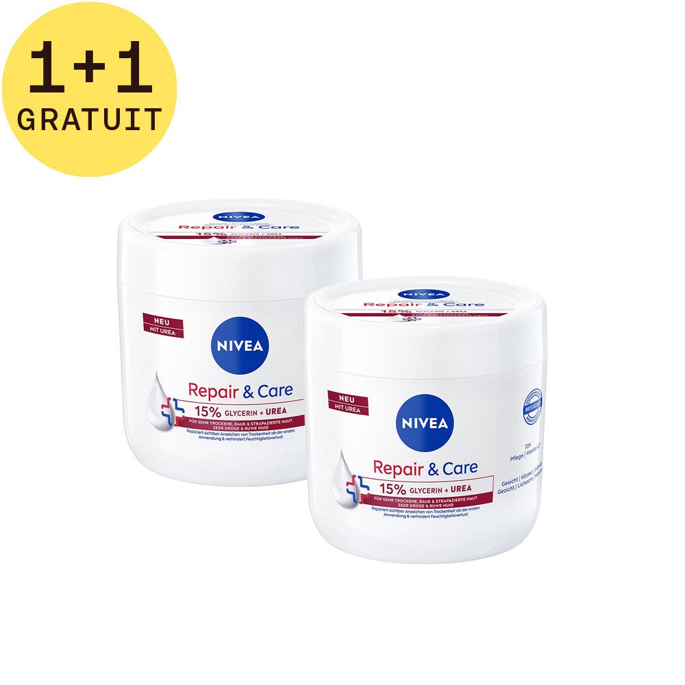 Deux pots blancs Nivea Repair & Care. Inscription : 15% Glycérine + Urée. Bande rouge. Cercle jaune avec 1+1 GRATUIT.